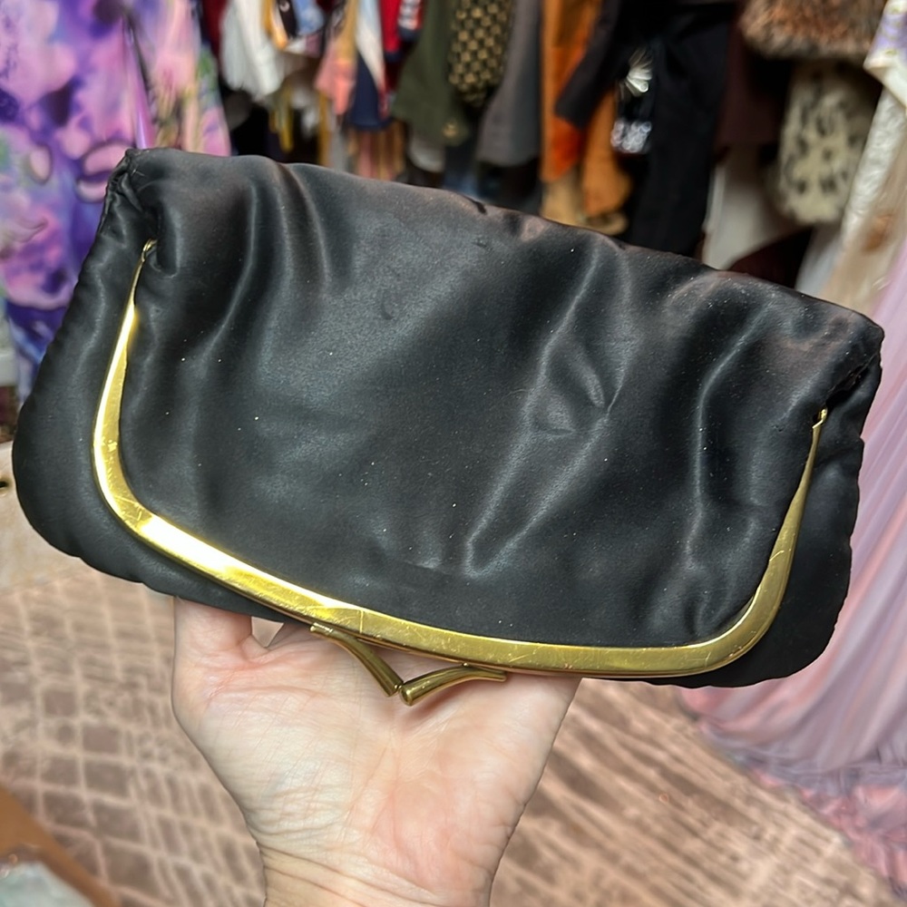 Fabulous vintage black satin fold over clutch kiss closure